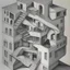 Placeholder: A building in 3 axis with stairs upside down and in several spacial dimensions and directions by artist "Escher" and "Tichenor"