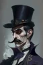 Placeholder: Strahd von Zarovich with a handlebar mustache wearing a top hat thinking deeply