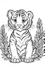 Placeholder: cute coloring page, sketch style, cute baby tiger in the jungle, cute cartoon, white and black, withe background, no shadows, outline.