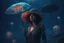 Placeholder: tall slim woman in ragged, torn clothing, in an underwater scene, holding an umbrella made from a jellyfish, detailed matte painting, deep colour, fantastical, intricate detail, complementary colours, fantasy concept art, 8k resolution, Unreal Engine 5