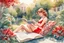 Placeholder: woman in red swimsuit reading a book in a beautiful garden in sunshine style Vittorio Giardino, stylized pen drawing and watercolor