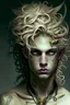 Placeholder: Medusa is a young man dressed as Medusa, has cat eyes, has a tattoo of wings around his neck, is blond, and is beautiful