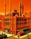 Placeholder: An orange colored mechanical factory with arrows painted by Grant Wood