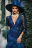 Placeholder: full body beautiful girl, elegant blue lace clothes of the 80s, luxury style, small elegant hat with feather, hair of the 80s, pearl necklace, earrings masterful, beautiful face