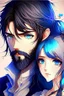 Placeholder: anime couple, romantic , colorful, man with salt and pepper beard and woman with dark hair and blue eyes