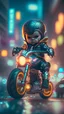 Placeholder: A Sharp Kawaii tiny hyper realistic baby ironman riding mini harley davidson, wearing bikers clothes with freestyle action, night of cyberpunk city background. wide angle full body, 8k, Cinematography, photorealistic,epic composition Unreal Engine,Cinematic, Color Grading, Portrait Photography,Ultra-Wide Angle, Depth of Field, hyper detailed