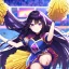 Placeholder: Clear focus,8k,Beatiful Lighting,Beatiful Blur,Beatiful Face,Beatiful Shading,Black long hair,silky hair, long silky bangs, Purple eyes, wearing a cheerleading outfit, Jumping, happy