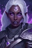 Placeholder: Dungeons and Dragons portrait of the face of a young adult drow rogue blessed by Eilistraee. She has purple eyes, obsidian skin, pale armor, white hair, and is surrounded by moonlight