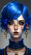 Placeholder: Realistic anime art style. An eye-catchingly dressed woman. Her chin-length blue hair is curly and all over the place. Her eyes are marked with black eyeliner and matte violet eyeshadow. Her fashion sense would best be described as goth. Her septum is pierced with a delicate gold horseshoe ring with pinchered ends. Both eyebrows are pierced with a small niobium barbell with spiked ends.