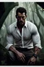 Placeholder: Portait David Gandy as fantasy alpha male very muscular short cropped hair and rough beard, tribal tattoos wearing white button up shirt with rolled up sleeves realistic face, close-up, dark fantasy, fantasy forest, intricate details, hyper detailed, photograph