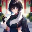 Placeholder: Clear focus,High resolution, Black short fluffy hair, and blue eyes, wearing a Chinese Traditional outfit dark green with black, Blushing, Hand up, white fur around her neck