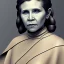 Placeholder: upper body photorealistic jedi carrie fisher in Star Wars, sharp brown eyes, photorealistic skin, dark brown jedi robe, cinematic lighting