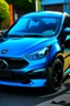 Placeholder: eine schwarze katze liegt auf einem blauen mazda 2 von 2016