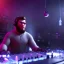 Placeholder: megalomaniac DJ cyborg at work in a nightclub, particles, short bearded 40 years old focused Christian Boshell with headphones. sin city style, photo-realism art, intense atmosphere, similar to a Michelangelo art direction, close-up face