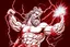 Placeholder: Detailed and realistic illustration of Greek god Zeus holding holding lightning. Vintage style illustration. Red and white lightning. Ultra high resolution.