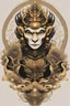 Placeholder: Create a captivating modern 2d black and gold ink tattoo design for print , prestigious Divine Monkey King using the elegant influences of japan art style, for print, dynamic elements from fashion and design, and bold Japanese contemporary art aesthetics, framing centered in the center, distanced from the edges of the paper perimeter, perfect anatomy, bauhaus, Divine Proportion,
