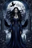 Placeholder: A muted dark colored gothic image of a woman with intricate sade facial features dark eyes, dressed in a deep midnight blue and grey long flowing dress with an aura of fantasy, with long dark hair, there are swirls of silver, a black raven fly around her , a full moon in the dark sky, big mist around her a tombstone, skulls, dark roses, midnight blue roses, a wrought-iron fence around the graveyard, gnarled tree near the tombstones, moonlight filtering through the trees, ethereal glow and fog