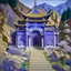 Placeholder: A violet Eastern temple near a gorge with portals designed in Chinese paper art painted by Diego Rivera
