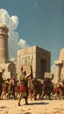 Placeholder: Bosch painting style giant strong warriors have muscles carrying a big cubicle stones building the Egyption paramount