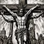 Placeholder: crucified on the cross christ liberty hybrid tone, woodcut, engraved, wall street journal style, statue of cruicified Jesus of Liberty with a beard and wearing a cross and hanging from a cross, The statue male, hyperdetailed intricately detailed photoillustration ink drawing dystopian 8k resolution entire body of the statue is in the picture. digital illustration telephoto lens photography , same colors as the us treasury's one dollar bill, crucified"