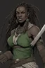 Placeholder: dungeons and dragons character portrait of a very strong and big beast human female warrior with black skin and dreadlocks and thick eyebrows and big nose and big fangs and green eyes. Make her fangs visible.