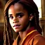 Placeholder: portrait of young perfect african-american Emma Watson as Hermione, new harry potter prequel, griffindor staff in the background, hiperrealistic, intricately detailed, cinematic