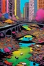 Placeholder: painting of a cyberpunk colourful natural walkway rubbish on the street in the city with pollution and a small bridge by a creek with electric sheep and androids by andy warhol