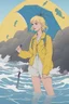 Placeholder: In the music video, a 23-year-old woman with blonde hair and bright blue eyes stands in the sea, se has a bun. dressed in a yellow fisherman's jacket. She holds an umbrella, but it offers no protection from the pouring rain. Around her, seahorses are moving. The rain is pouring heavily. She is standing in the middle of the sea. You can see here completely. The rain is pouring really really hard. horses