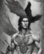 Placeholder: black hawk, native american warrior, long black hair, big muscles, black fabric coat like wings