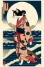 Placeholder: ukiyo-e style print of a cat with a human body wearing a soft yukata and walking by the sea