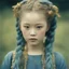 Placeholder: Old autochrome of devon aoki with golden cheeks, strange blue braids. in a gardent, in 1830
