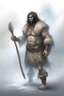 Placeholder: a foggy mist cloudy , a big man from Stone Age wearing a fur skin