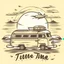 Placeholder: A retro camper van parked by the ocean, nostalgic, carefree, golden hour lighting, T-shirt design graphic, vector, contour, white background. WITH A FISH BEHIND IT AND WORDS\"Summer is a time to relax \"IN WHIT LET-TERS.THE BACK