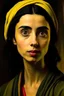 Placeholder: A young woman of wheatish color, with authentic Arab features, with a broad forehead, full lips, wide black eyes, black hair of medium length, eyebrow with a scar , Van Gogh character