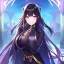 Placeholder: Clear focus,High resolution,High quality, Wearing a Goddess uniform, Black long straight hair, Purple sparkling eyes, Hand on mouth, Smiling