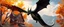 Placeholder: portrait of a shiny black dragon squirrel in autumn, flying above wooden castle, breathing smoke, book cover illustration, with swirly metallic border