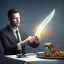 Placeholder: picture of man in front of tv, shiny fork and knifes on dinner table with cloth, fantasy art book cover