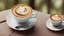 Placeholder: A clear, high-resolution image with 8K resolution, a beautiful wooden coffee cup cappuccino in the forest on a wooden table. The image is from the side so that the coffee and the beautiful cappuccino are visible