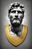 Placeholder: Ultra Realistic image, Roman sculpture, white marble material, Lionel Messi, gold Laurel leaves wreath, renaissance ornaments, radial gold lines, one gold star in heart, sun ornament, sun rays background, chisel style, waist up portrait, emperor style, epic, celestial, cinematic lighting, God light, god rays, 4k resolution, smooth details, ornate details, soft lighting, unreal engine 5, art station, substance 3d.