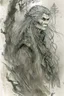 Placeholder: ink wash and watercolor illustration of an ancient grizzled, gnarled female vagabond wanderer, long, grey hair streaked with black, highly detailed facial features, sharp cheekbones. Her eyes are black. She wears weathered roughspun Celtic clothes, emaciated and tall, with pale skin, full body , thigh high leather boots within a forest of massive ancient oak trees in the comic book style of Bill Sienkiewicz and Jean Giraud Moebius , realistic dramatic natural lighting, rich earth tones