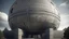 Placeholder: Contemporary temple dominated by a suspended concrete megasphere, textured brutalist walls, translucent geodesic dome, circular shadow play, spherical negative spaces, monumental height, solemn and futuristic atmosphere, conceptual architectural style
