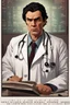 Placeholder: portrait of a 40 year old doctor with dark hair and a scowling expression, angry eyes