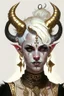 Placeholder: A young tiefling woman with a set of ram horns on her head encrusted with jewels, White-Blonde, short hair, black eyes, dressed in white and gold with lots of jewelry, beautiful, satanic tattoos on her neck, she is happy