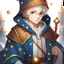 Placeholder: Fantasy World, A boy only wearing a closed wizards robe, and wearing a wizards hat. White Hair. Golden Eyes.