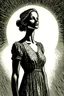 Placeholder: A hauntingly beautiful ink drawing of a woman in a summer dress, her face illuminated by the sun's rays.