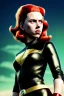 Placeholder: retro portrait image from 1960, sky background, wind, long red hair, fighting stance, sweet young Scarlett Johansson, black dress, classic long tight lycra black suit, gold bracelet and belt, high heel boots, superhero style, soft color, highly detailed, unreal engine 5, ray tracing, RTX, lumen lighting, ultra detail, volumetric lighting, 3d, finely drawn, high definition, high resolution.