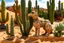 Placeholder: A tan sandy desert with cactuses designed in Oaxacan alebrijes painted by Leonardo da Vinci
