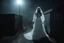 Placeholder: low res, low quality picture, high film grain, terrifying scene of a ghostly girl wearing a long ghostly white gown leaning out from behind a dumpster on a foggy night, found footage horror, low contrast, night vision, static haze