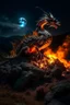 Placeholder: Whole dragon made of fire on a rocky landscpe with a full moon