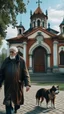 Placeholder: An old man hooded with humpback and his old dog are walking by the church